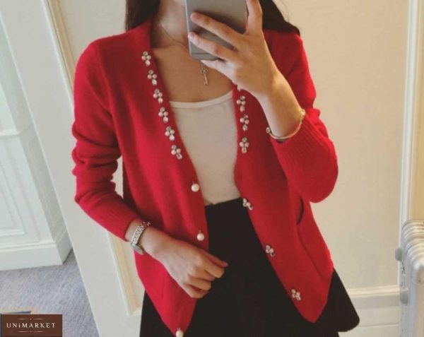 Приобрести красную женскую кашемировую кофту с декором в интернете
