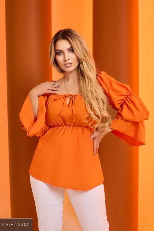 Придбати помаранчеву жіночу блузку з рукавами-ліхтариками (розмір 42-64) по знижці