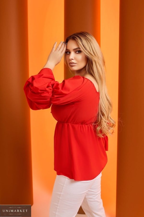 Купити червону жіночу блузку з рукавами-ліхтариками (розмір 42-64) в інтернеті