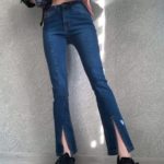 Заказать женские джинсы стрейч с разрезами синие онлайн