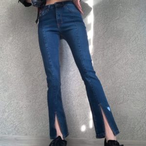 Заказать женские джинсы стрейч с разрезами синие онлайн