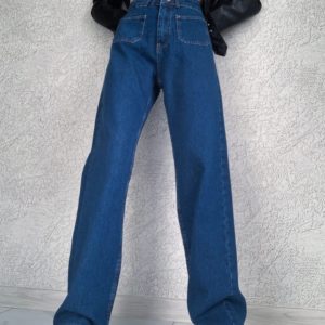 Купить по скидке синие джинсы клеш от бедра с накладными карманами для женщин