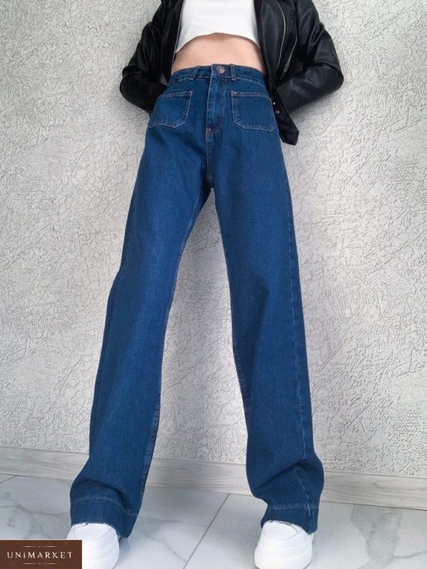 Купити по знижці сині джинси кліш від стегна з накладними кишенями для жінок
