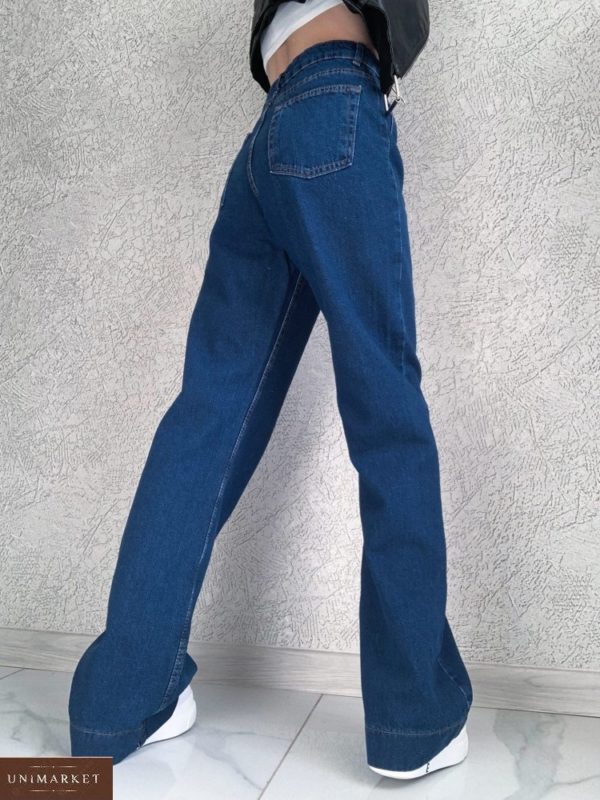 Придбати сині жіночі джинси кльош від стегна з накладними кишенями по знижці