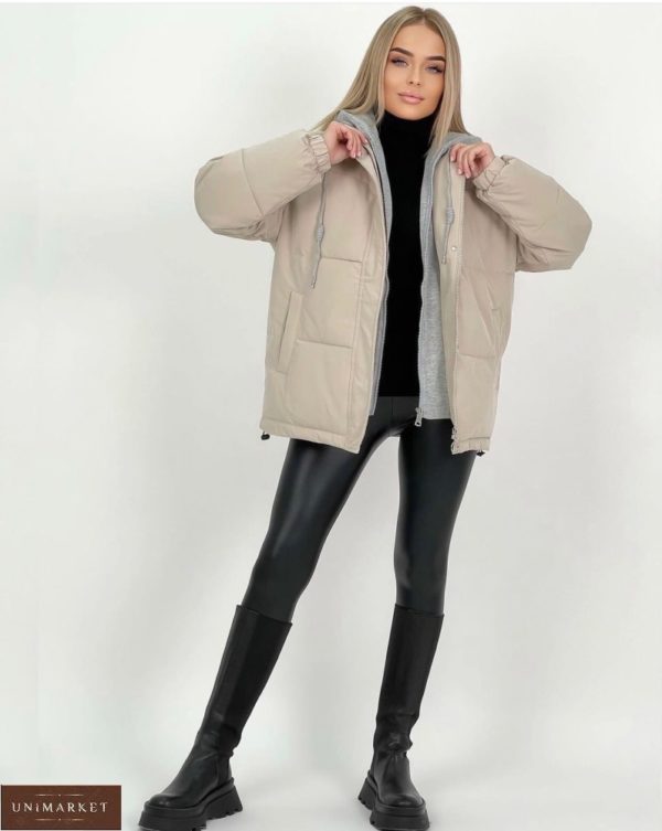 Купити онлайн зимову бежеву куртку з капюшоном (розмір 44-48) для жінок