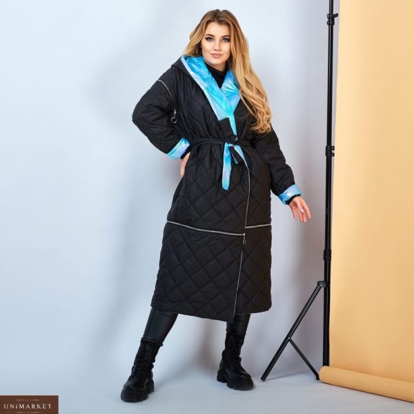 Купить черно-голубую женскую двустороннюю куртку трансформер (размер 42-62) по скидке