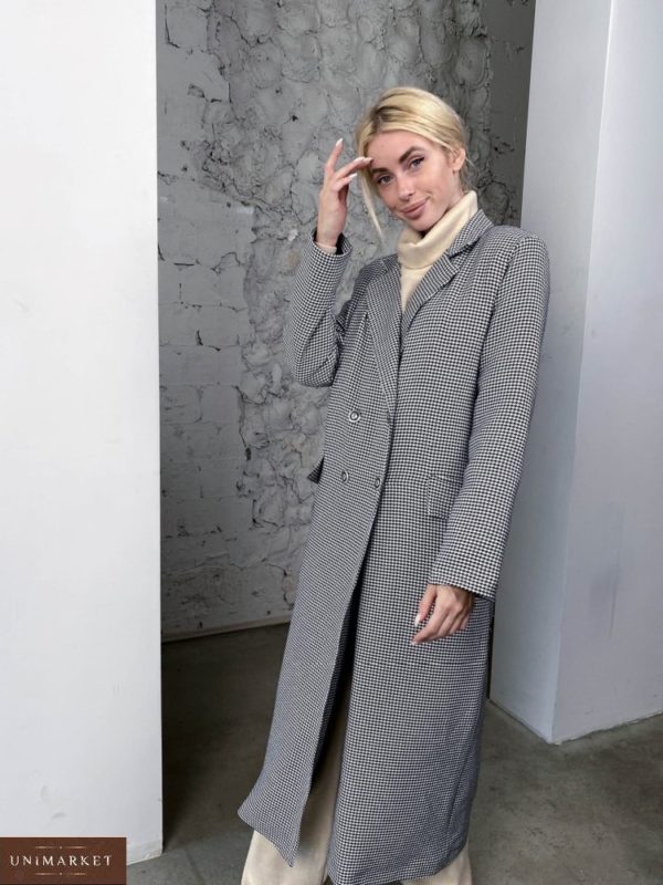 Купить черно-белое женское утепленное пальто в клетку (размер 42-58) по скидке