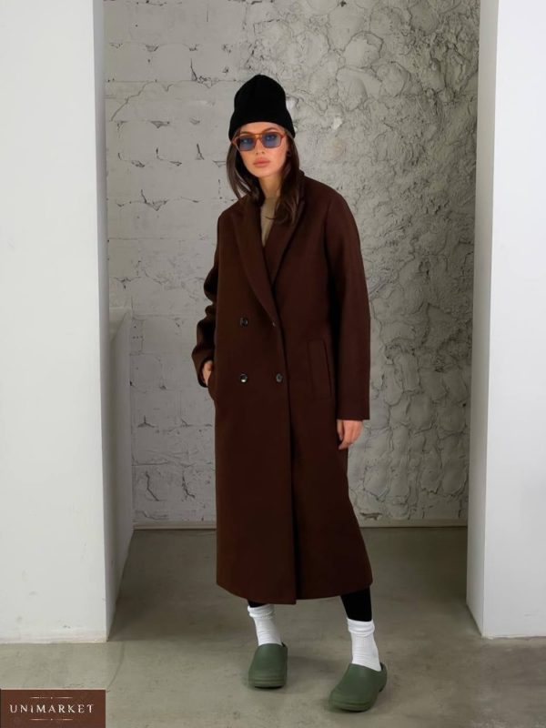 Замовити онлайн коричневе кашемірове пальто з додаванням вовни (розмір 42-52) для жінок