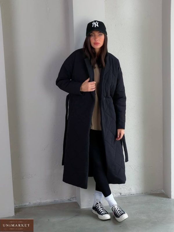 Приобрести черное женское стеганное утепленное пальто (размер 42-48) в интернете