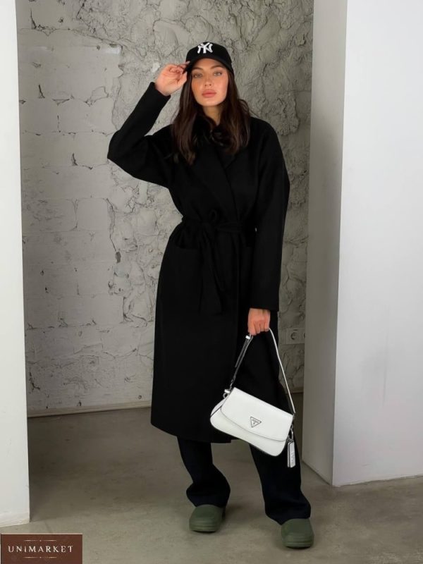 Заказать черное женское кашемировое пальто с карманами (размер 42-48) в Украине