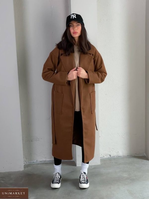 Купить онлайн женское кашемировое пальто с карманами (размер 42-48) коричневого цвета