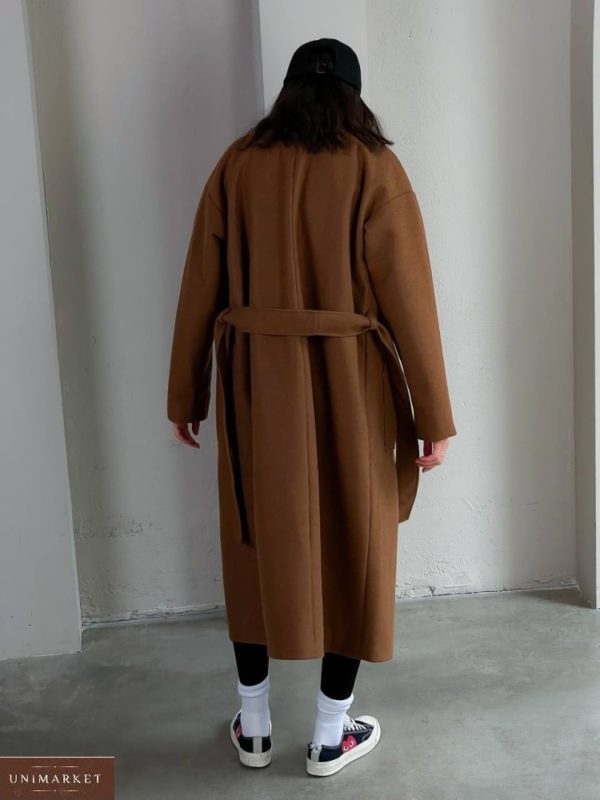 Купити дешево коричневе кашемірове пальто з кишенями (розмір 42-48) для жінок