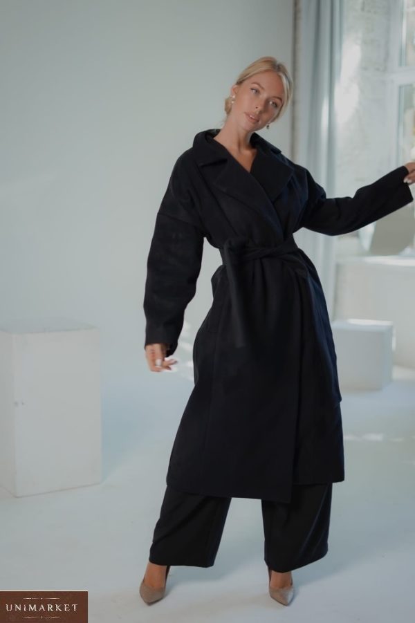 Заказать черное женское кашемировое пальто со стеганной подкладкой (размер 42-58) по скидке