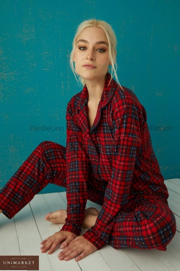 Замовити червоного кольору жіночу піжаму в клітку (розмір 42-50) дешево