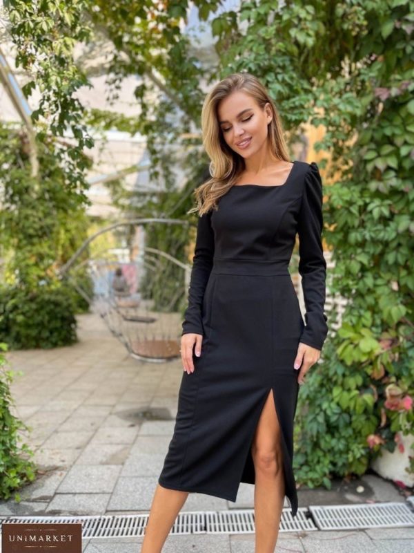 Купити чорне жіноче елегантне плаття з розрізом по знижці
