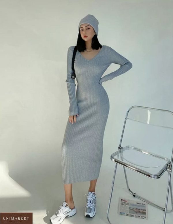 Купити недорого сіре трикотажне плаття максі жіноче