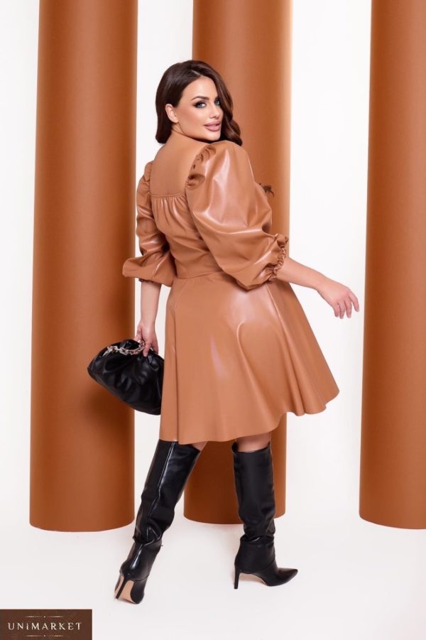 Замовити по знижці шкіряне плаття з об'ємними рукавами (розмір 42-52) для жінок коричневе