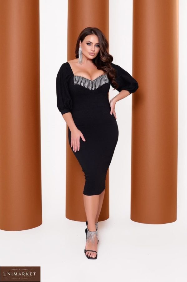 Купити жіночу сукню з бахромою з страз (розмір 42-60) чорне по знижці