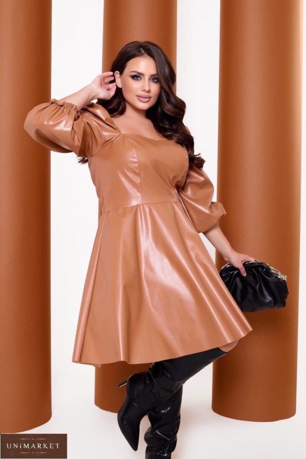 Купити кольору капучіно жіноче шкіряне плаття з об'ємними рукавами (розмір 42-52) в Україні
