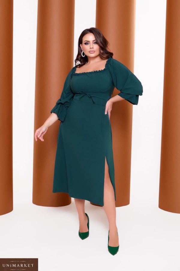 Заказать зеленое женское платье миди из софт-шёлка (размер 42-64) по скидке