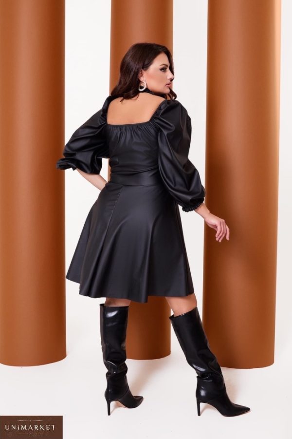 Приобрести по скидке черное кожаное платье с объемными рукавами (размер 42-52) для женщин