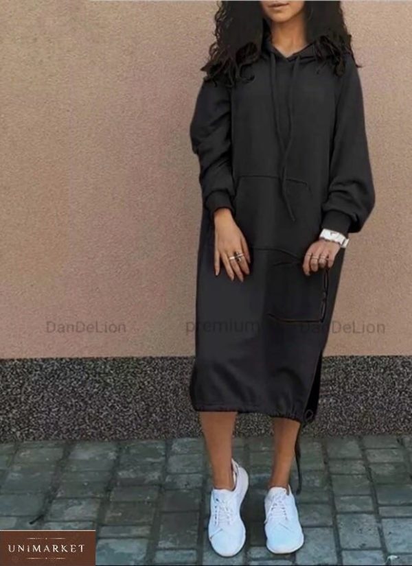 Приобрести черное женское платье миди на флисе с капюшоном (размер 42-56) по скидке