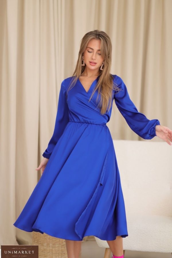 Купити синю жіночу сукню шовкову на запах (розмір 42-48) в Україні
