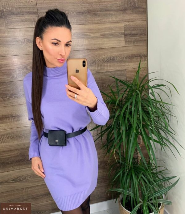 Приобрести в интернете лиловое платье-гольф с поясом для женщин