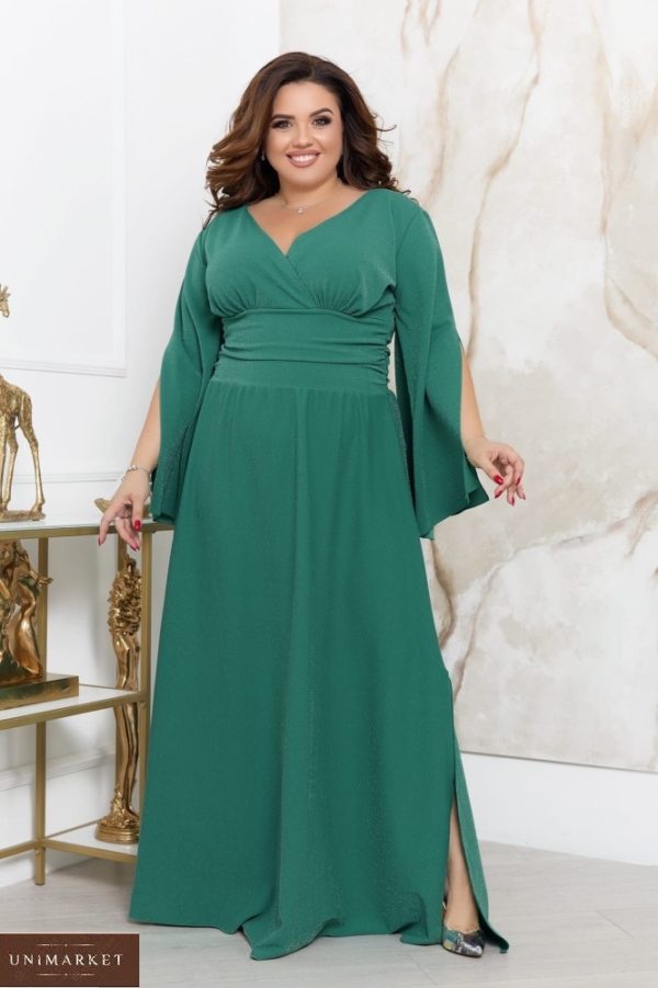 Купить зеленое женское длинное платье с разрезами (размер 48-70) в интернете