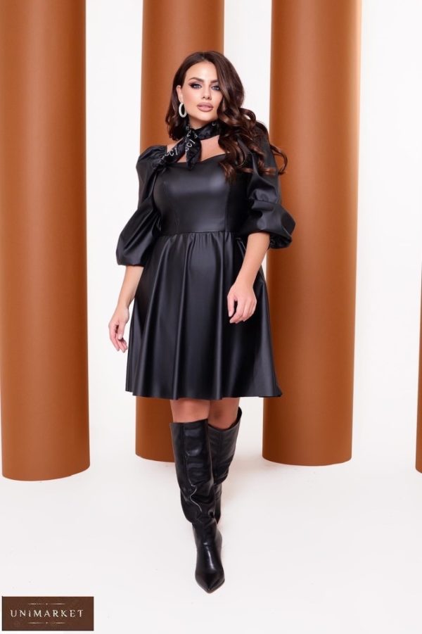Замовити жіноче шкіряне плаття з об'ємними рукавами (розмір 42-52) чорне онлайн