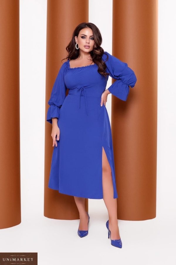 Заказать синее женское платье миди из софт-шёлка (размер 42-64) онлайн