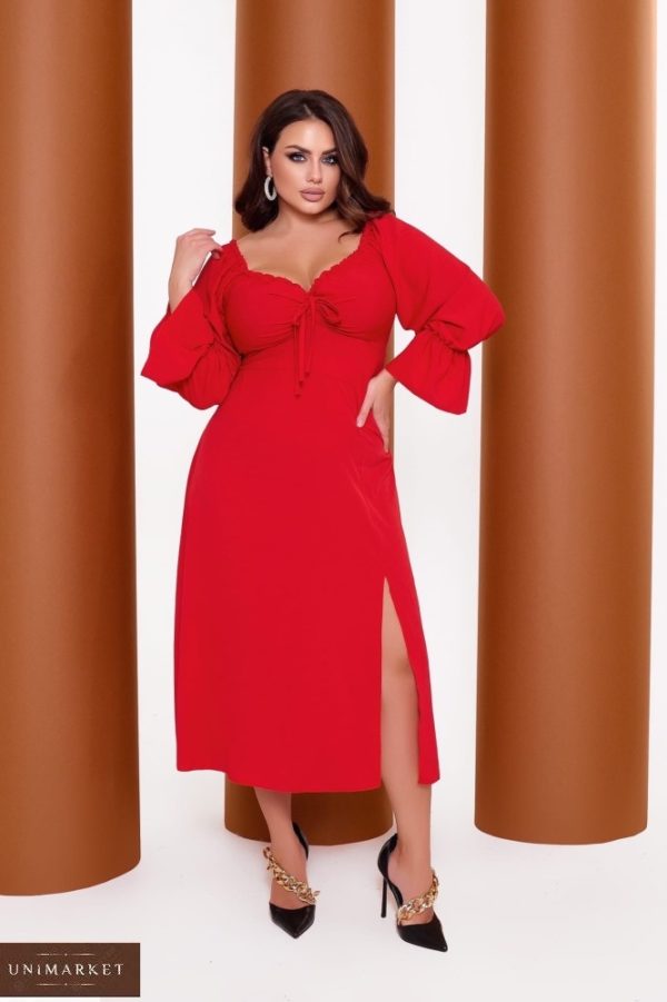 Купить красное дешевое платье миди из софт-шёлка (размер 42-64) для полных женщин