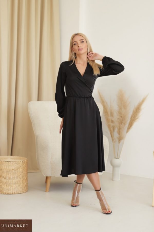 Купити жіночу сукню шовкову на запах (розмір 42-48) чорна по знижці