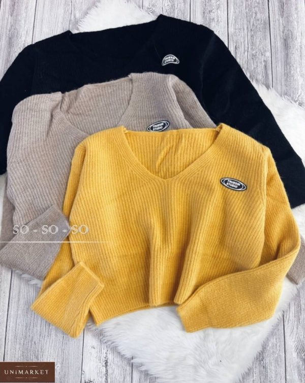 Купить черный, горчица, серый короткий вязаный свитер женский в Украине