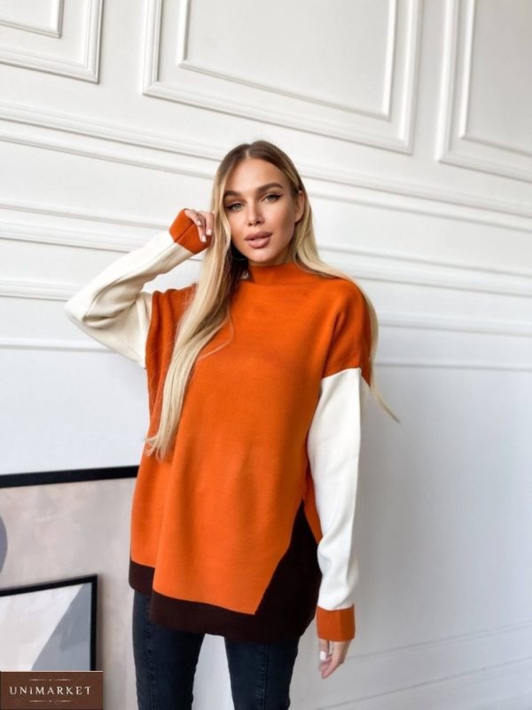 Купить по скидке оранжевый удлинённый свитер-гольф для женщин
