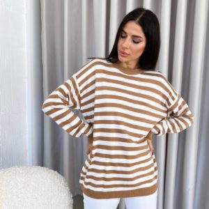 Заказать беж женский полосатый свитер оверсайз (размер 42-48) онлайн