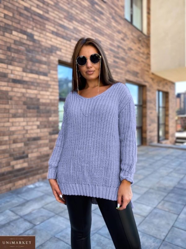 Замовити недорого блакитний подовжений в'язаний светр (розмір 50-56) для жінок