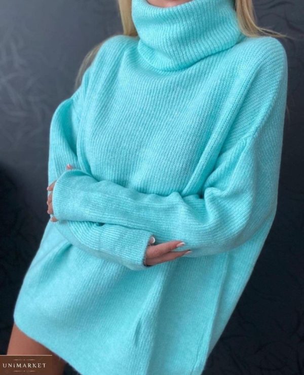 Заказать выгодно голубого цвета тунику свитер оверсайз для женщин