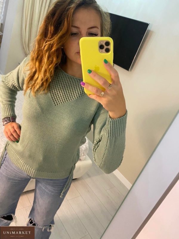 Замовити оливковий жіночий светр з затяжками недорого