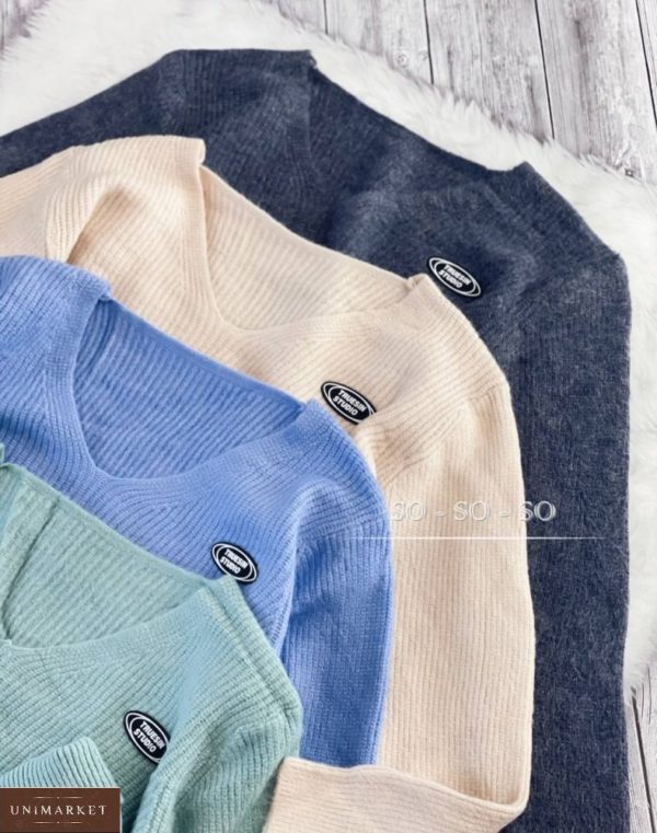 Купить по скидке синий, мятный, бежевый короткий вязаный свитер для женщин