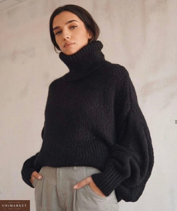 Замовити по знижці чорний жіночий теплий светр із коміром теплий светр із коміром