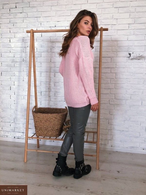 Приобрести розовый женский свободный свитер с V-образным вырезом в интернете