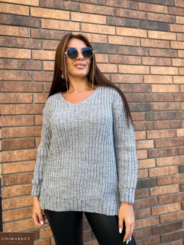 Купить серый женский удлиненный вязаный свитер (размер 50-56) по скидке