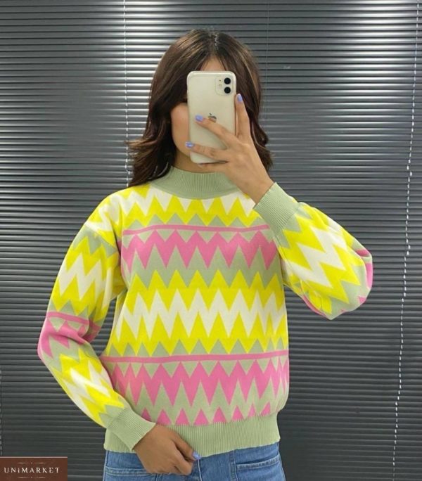 Купити жовтий жіночий светр з принтом зигзаг недорого