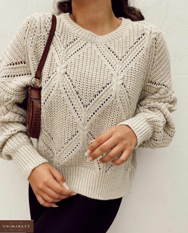 Замовити онлайн бежевий вільний светр з візерунками жіночий