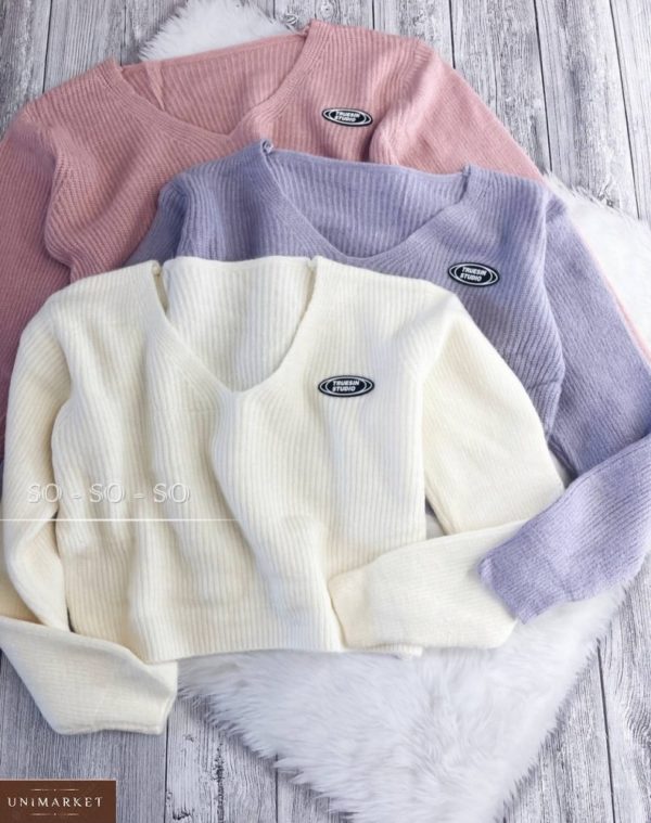 Заказать лиловый, пудра, белый короткий вязаный свитер для женщин на осень