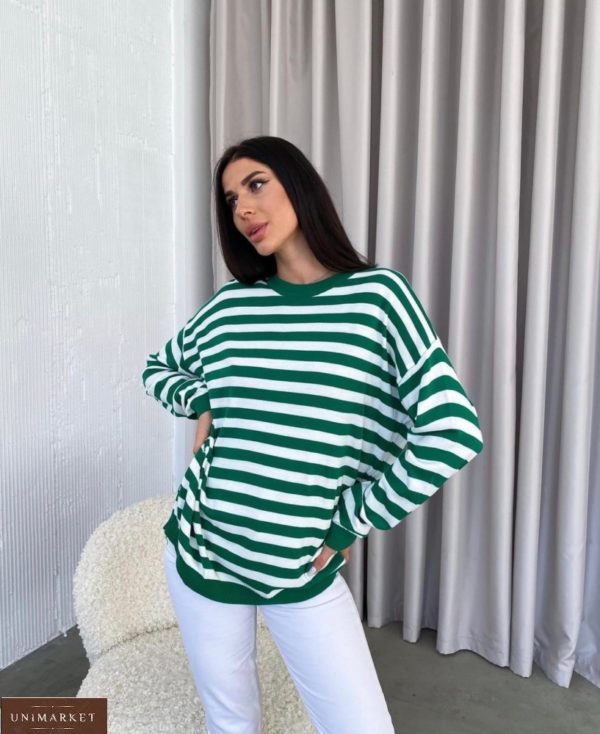 Приобрести выгодно зеленый полосатый свитер оверсайз (размер 42-48) для женщин