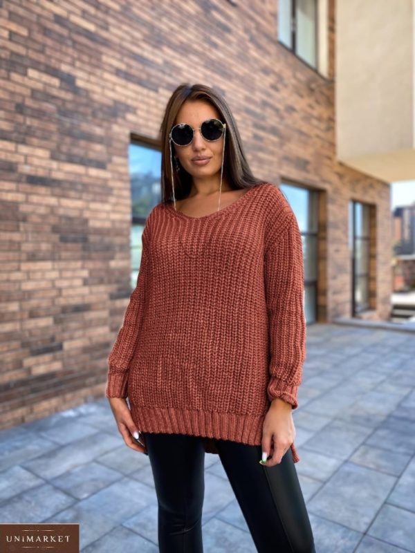 Заказать по скидке терракотовый удлиненный вязаный свитер (размер 50-56) для женщин