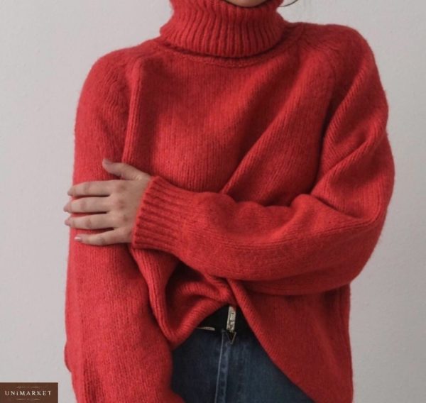 Заказать дешево красный женский теплый свитер с воротом