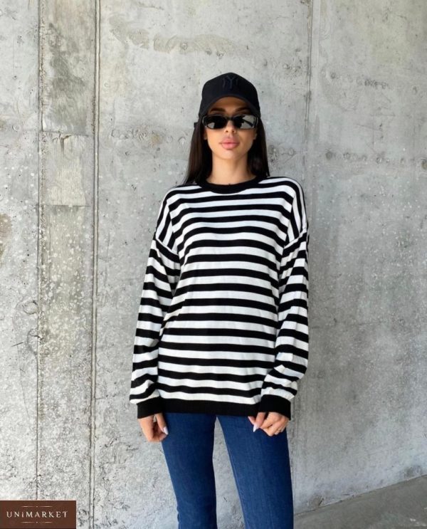 Купити чорний жіночий онлайн смугастий светр оверсайз (розмір 42-48)